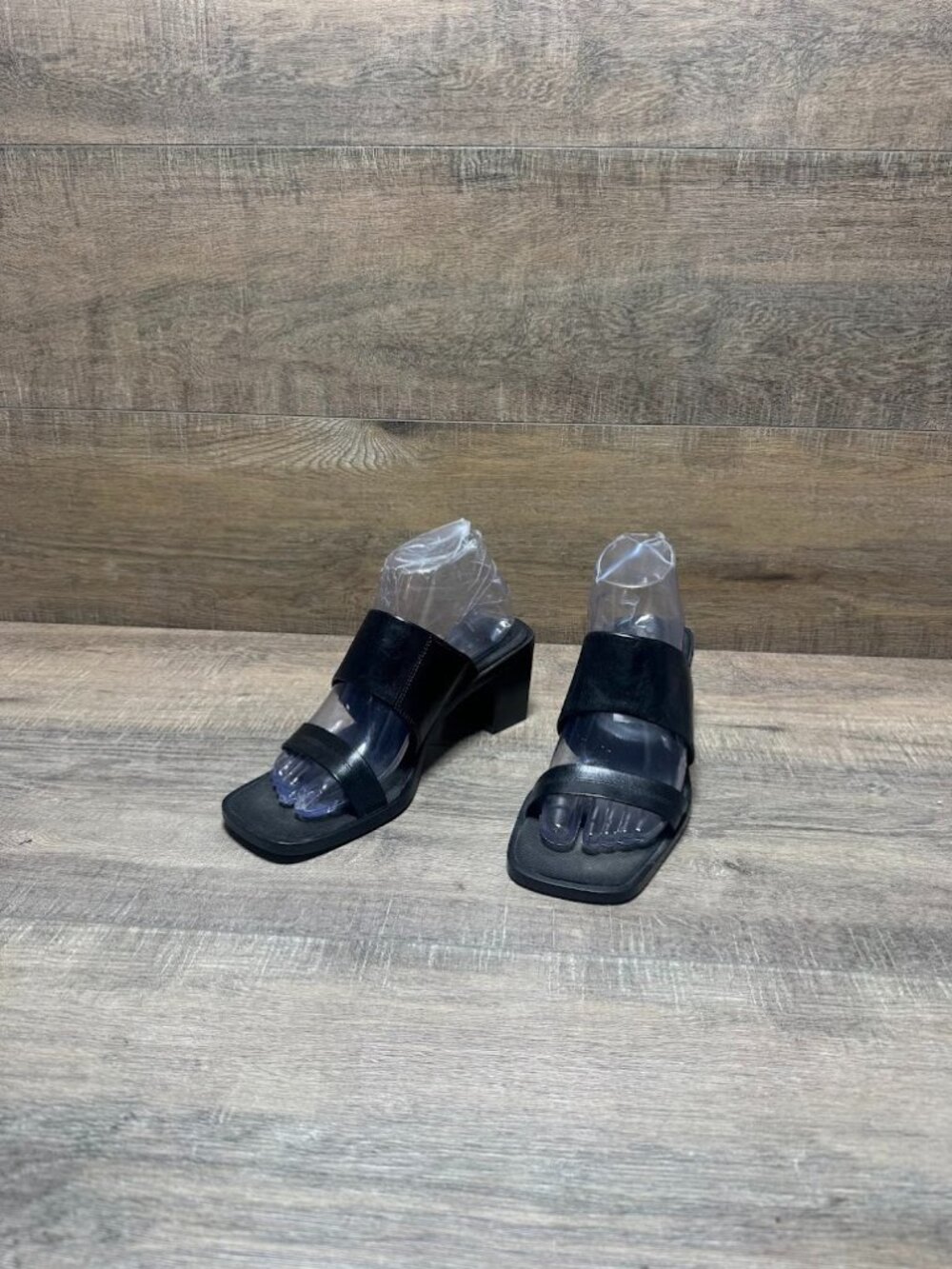 Nine West Tracys Black Leather Slide Block Heel Sandals Women's Size 7.5